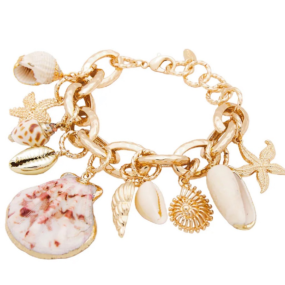 New Revolve x Ettika Mermaid Tears 18K Gold Plated Shell Beach Charm Bracelet - Picture 2 of 5
